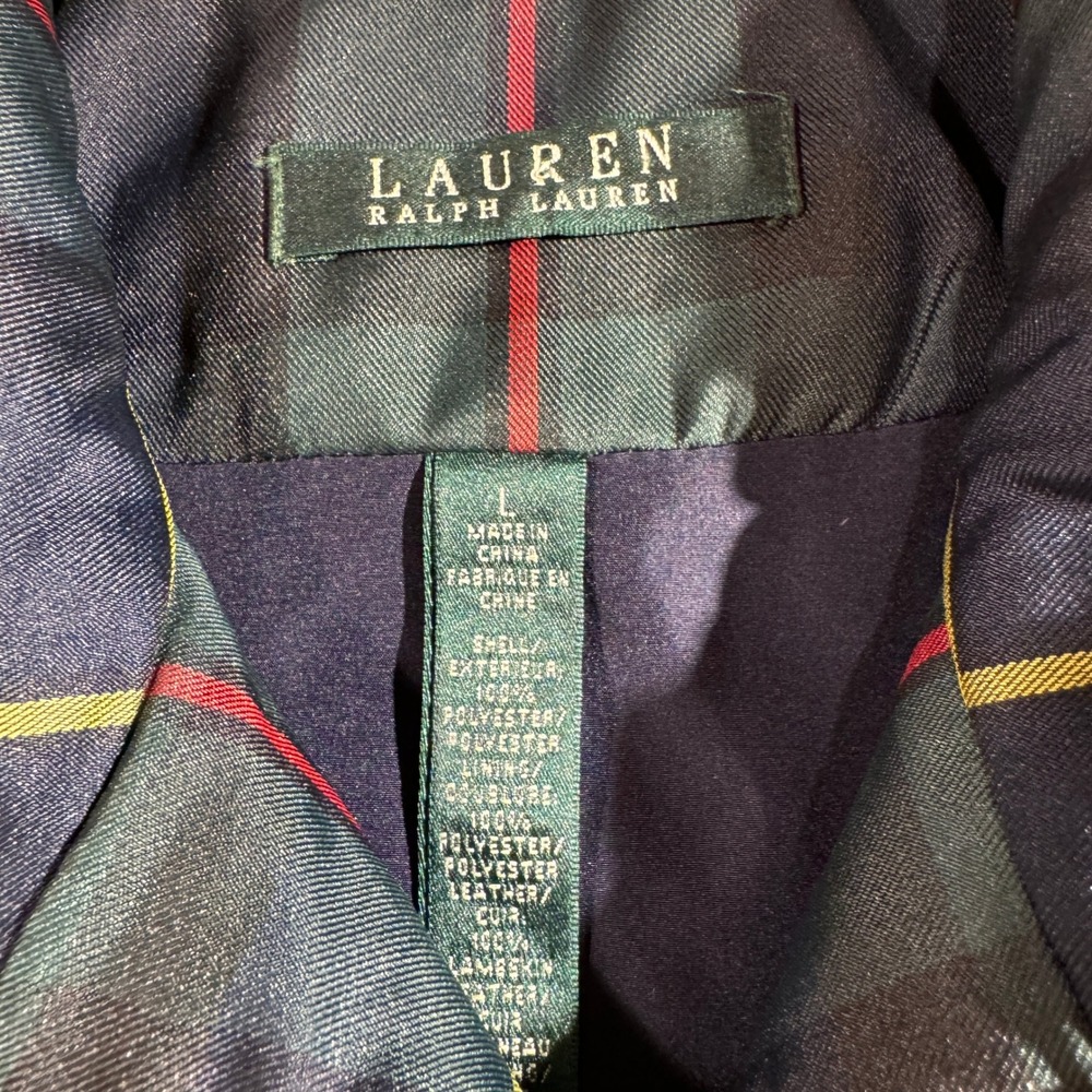 Lauren Ralph Lauren Green Plaid Quilted Vest Leather Trim Snap Front Size Large - Picture 3 of 6